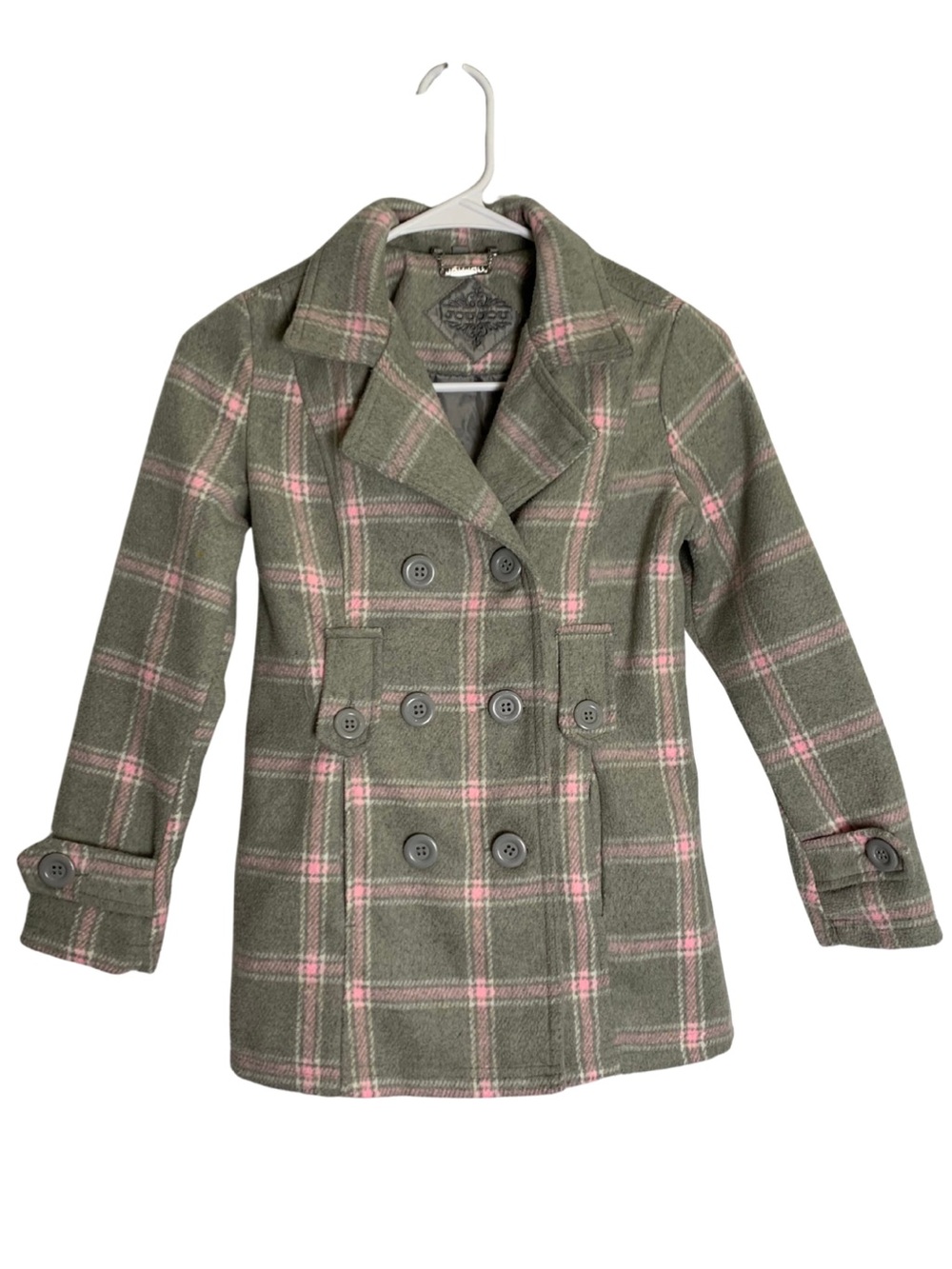 Jou Jou Olive Peacoat with Pink Windowpane Plaid Girl’s M Winter Boho Y2K